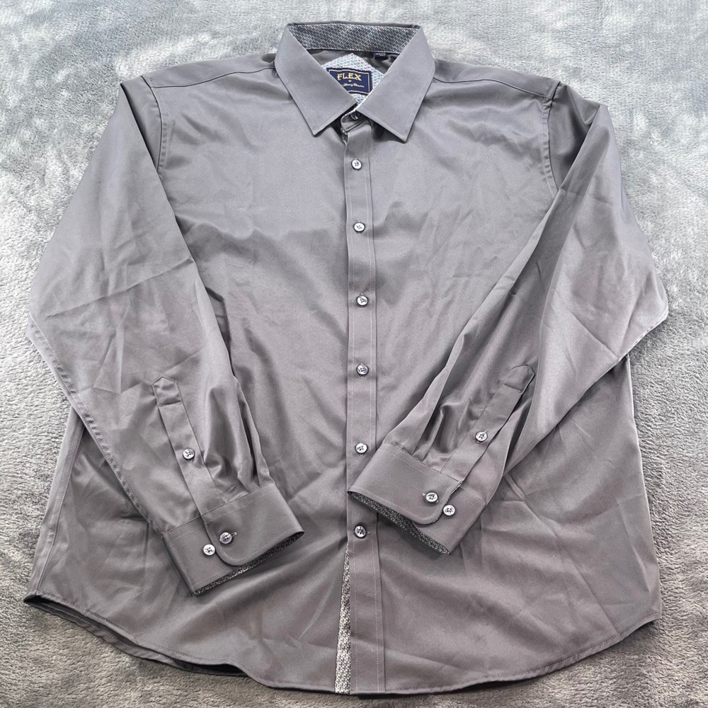 Flex Mens Luxury Collection Gray Button Down Dress Shirt Design In Italy L